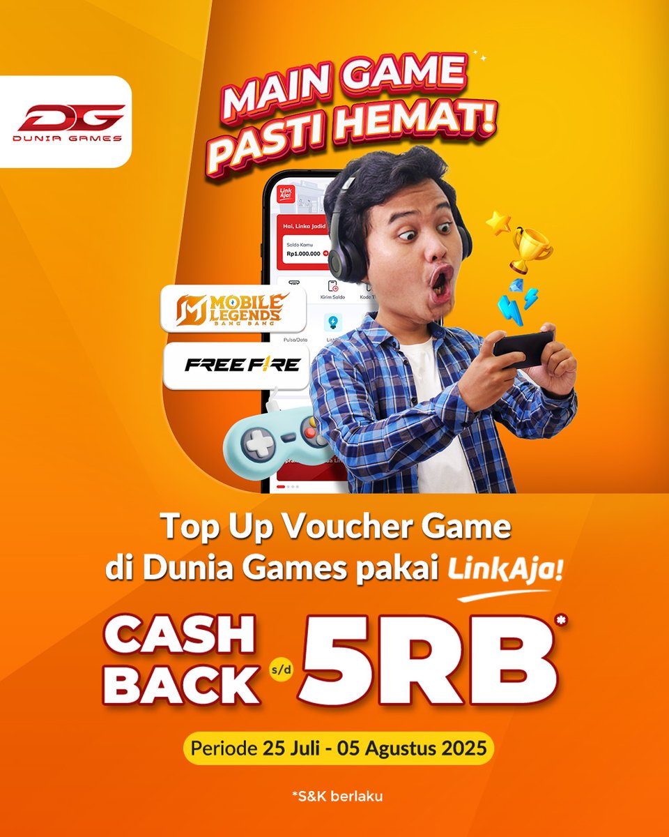 Sobat LinkAja, top up voucher game di Dunia Games pakai LinkAja, ada cashback 5RB*.
*S&amp;K berlaku

Cek informasi lengkapnya di tautan berikut ya linkaja.id/promo/linkaja-…

Customer Service: livechat.linkaja.id