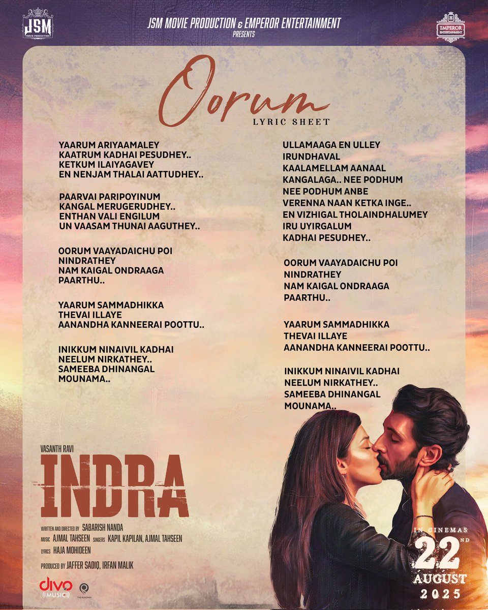 Divo Music (@divomusicindia) on Twitter photo We’ve been humming this one on loop 🔂 Now it’s your turn — full lyrics of #Oorum is here 🎵
An <a href="/Ajmal__Tahseen/">Ajmal Tahseen</a> musical
Sung by <a href="/KapilKapilan_/">KAPIL KAPILAN</a>
Lyrics by #HajaMohideen
▶️ youtu.be/Z1hPKh66BMM
#INDRA hits cinemas August 22 🔥
@jsmmovieprodn <a href="/EntEmperor/">Emperor Ent Official</a> <a href="/iamvasanthravi/">Vasanth Ravi</a> We’ve been humming this one on loop 🔂 Now it’s your turn — full lyrics of #Oorum is here 🎵
An <a href="/Ajmal__Tahseen/">Ajmal Tahseen</a> musical
Sung by <a href="/KapilKapilan_/">KAPIL KAPILAN</a>
Lyrics by #HajaMohideen
▶️ youtu.be/Z1hPKh66BMM
#INDRA hits cinemas August 22 🔥
@jsmmovieprodn <a href="/EntEmperor/">Emperor Ent Official</a> <a href="/iamvasanthravi/">Vasanth Ravi</a>