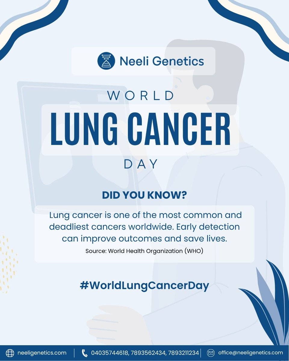 NeeliGenetics's tweet photo. Today on #WorldLungCancerDay, we honor those affected and raise awareness of the world’s deadliest cancer.

Early detection saves lives. If you’re at risk, talk to your doctor about screening. 💙

#LungCancerAwareness #EarlyDetectionMatters #NeeliGenetics #LungHealth https://t.co/dS5AkwYe62