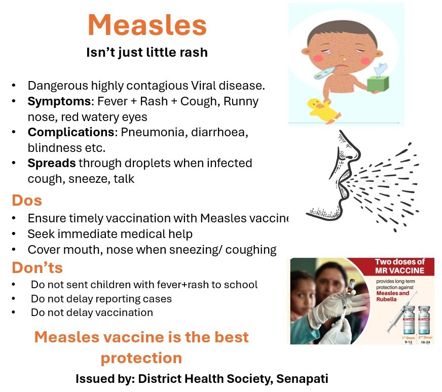 DioSenapati's tweet photo. District Health Society, Senapati issued guidelines in view of recent Measles outbreak in Senapati. 
For more info: contact Office of the DC, Senapati &amp; CMO, Senapati 
#Measles #LetsActNowToProtectOurChildren &amp; #PreventFutureOutbreak https://t.co/FTCYLughDa