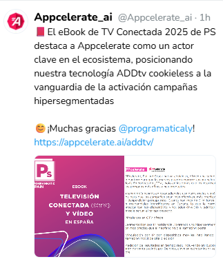 •Medición en tiempo real con atribución a punto de venta avalada x Deloitte
•Geoaudiencias
•Más de 9 MM de IPs residenciales identificadas
•Segmentación ultraprecisa x IP
•Vinculación mobile para retargeting avanzado

💥Esto es ADDtv by Appcelerate⤵️
appcelerate.ai/addtv/