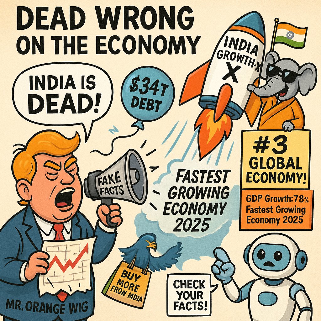 Dolaand #Trump says India’s #economy is DEAD.

😂 Someone tell him India just overtook the UK and 
Japan to become the 3rd largest economy by PPP and is the fastest-growing major economy in 2025.

Trump’s economic knowledge = his spelling of “covfefe.”

#America #Russia #modi