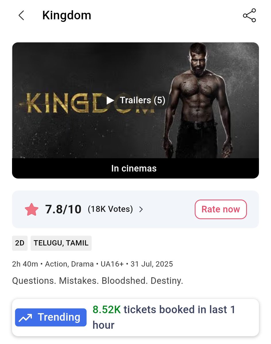 #Kingdom Day2 started on a Strong note, 8.5K tickets Sold in Last 1 hour on BMS alone 🔥

Promising Start for a Big Weekend 👍