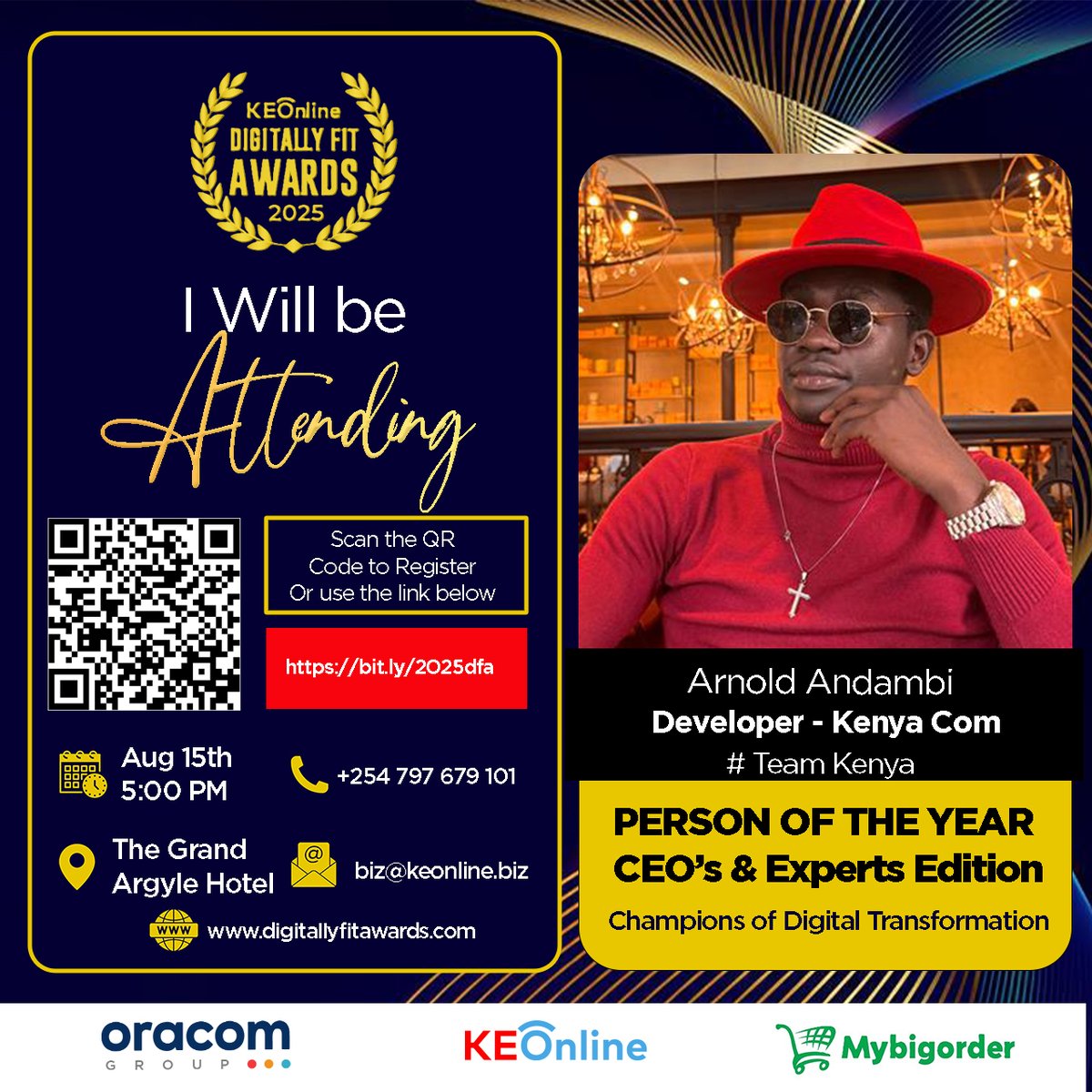DigitallyFAward's tweet image. People are confirming. Seats are filling.  Will we see you at the 11th Edition of #DigitallyFitAwards?   15th Aug |  The Grand Argle Hotel – Msa Rd  Register here 👉 bit.ly/2025dfa Bournemouth #KasaraniRoars mawego 8 #RutosAgriculturalReforms Arteta