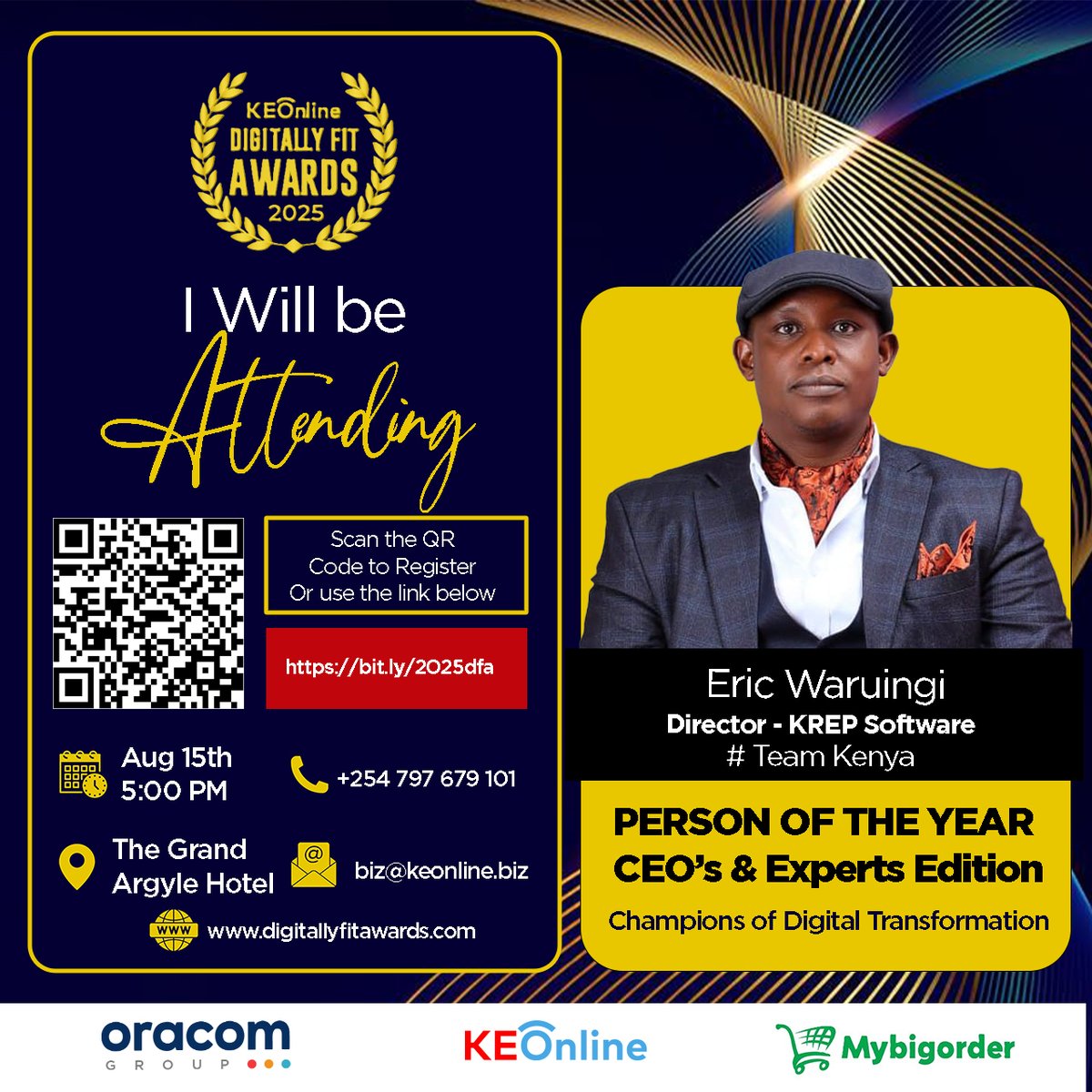 DigitallyFAward's tweet image. People are confirming. Seats are filling.  Will we see you at the 11th Edition of #DigitallyFitAwards?   15th Aug |  The Grand Argle Hotel – Msa Rd  Register here 👉 bit.ly/2025dfa Bournemouth #KasaraniRoars mawego 8 #RutosAgriculturalReforms Arteta