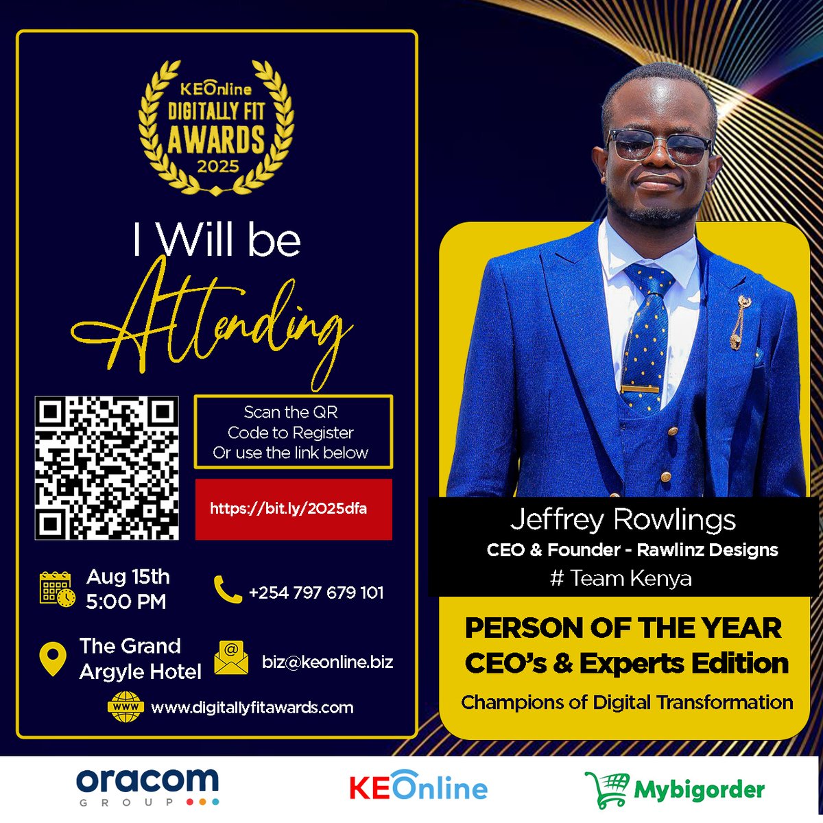 DigitallyFAward's tweet image. People are confirming. Seats are filling.  Will we see you at the 11th Edition of #DigitallyFitAwards?   15th Aug |  The Grand Argle Hotel – Msa Rd  Register here 👉 bit.ly/2025dfa Bournemouth #KasaraniRoars mawego 8 #RutosAgriculturalReforms Arteta