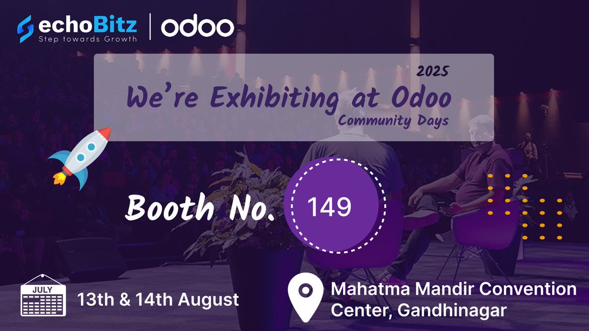 echoBitzIT's tweet photo. 🎉 Exciting News! 🎉

echoBitz IT Solutions Pvt Ltd is all set to participate in Odoo Community Days India 2025!

📍 Find us at Booth 149
📅 13-14 August 2025
📌 Mahatma Mandir, Gandhinagar

#echoBitz #OdooCommunityDays2025 #OdooIndia2025 #OdooPartnerIndia #ERPExperts #SmartERP https://t.co/FOVS104FZr