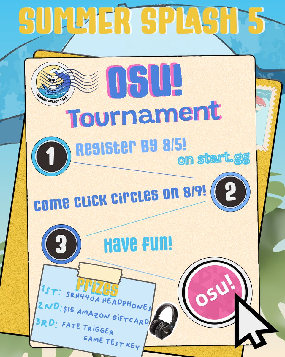 Esports At UC Davis (@esportsatucd) on Twitter photo 💥CLICK 💥THE 💥CIRCLES 💥
Come join <a href="/summersplashna/">Summer Splash</a> ’s osu! Tournament on Aug 9th-10th and maybe you can click to the beat to get a Studio Headphones/$15 Amazon Gift Card/Fate Trigger Key!
See you soon using the link in our bio to sign up by Aug 5th @ 11:59 pm PST. 💥CLICK 💥THE 💥CIRCLES 💥
Come join <a href="/summersplashna/">Summer Splash</a> ’s osu! Tournament on Aug 9th-10th and maybe you can click to the beat to get a Studio Headphones/$15 Amazon Gift Card/Fate Trigger Key!
See you soon using the link in our bio to sign up by Aug 5th @ 11:59 pm PST.