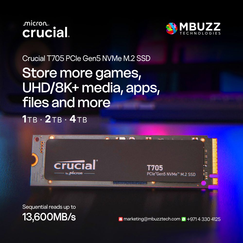 MBUZZ (@mbuzztech) on Twitter photo Crucial T705 Gen5 NVMe SSD
Blazing speeds up to 13,600 MB/s read and 10,200 MB/s write. Available in 1TB, 2TB, 4TB, with Micron 232-layer TLC NAND and Phison E26 controller.
Available at MBUZZ.
📩 DM: zurl.co/zHO9 | 📧 marketing@mbuzztech.com
#CrucialT705 #MBUZZ Crucial T705 Gen5 NVMe SSD
Blazing speeds up to 13,600 MB/s read and 10,200 MB/s write. Available in 1TB, 2TB, 4TB, with Micron 232-layer TLC NAND and Phison E26 controller.
Available at MBUZZ.
📩 DM: zurl.co/zHO9 | 📧 marketing@mbuzztech.com
#CrucialT705 #MBUZZ