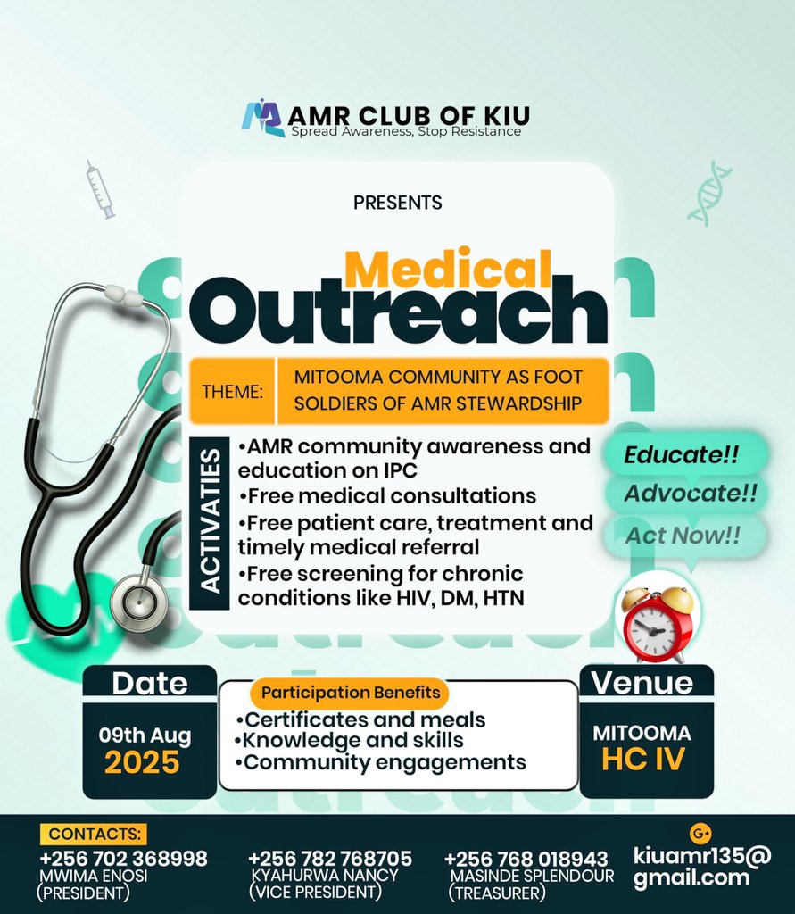 Hello MITOMA people the <a href="/AMRclub_KIU/">AMR Club of KIU</a> presents a Medical Outreach at MITOMA health centre IV on the 9th of August 
Theme: Mitooma as foot soldiers of AMR stewardship
💊 Free treatment &amp; consultation
🧪 Free screening (HIV, DM, HTN)
📚 AMR &amp; IPC awareness
