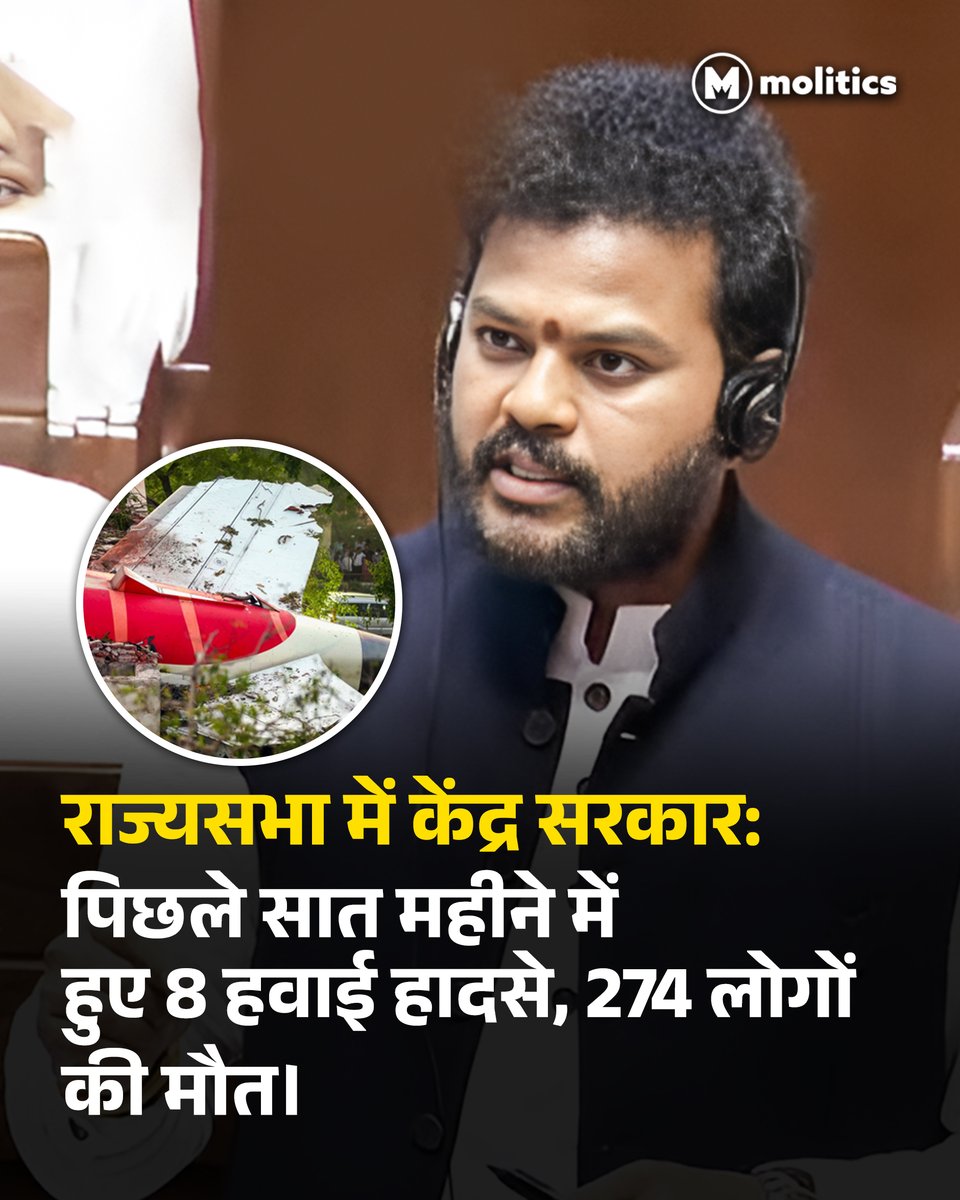 moliticsindia's tweet image. राज्यसभा में नागर विमानन मंत्री के. राममोहन नायडू ने बताया कि 2025 में अब तक 8 हवाई हादसों में 274 लोगों की मौत और 84 घायल हुए हैं। 

इनमें एक यात्री विमान, चार हेलीकॉप्टर और तीन ट्रेनिंग एयरक्राफ्ट शामिल थे। सभी मामलों की जांच AAIB कर रही है।

#RajyaSabha #airindiacrash