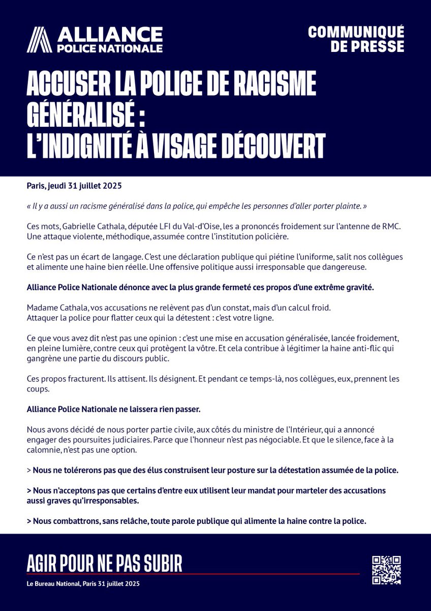 ALLIANCE PN (@alliancepolice) on Twitter photo 📢 Propos inacceptables de la députée LFI Gabrielle Cathala <a href="/GabrielleCthl/">Gabrielle Cathala</a>, <a href="/alliancepolice/">ALLIANCE PN</a> se porte partie civile.
Notre communiqué de presse : 👇
#SoutienFDO #JusticePourLaPolice 📢 Propos inacceptables de la députée LFI Gabrielle Cathala <a href="/GabrielleCthl/">Gabrielle Cathala</a>, <a href="/alliancepolice/">ALLIANCE PN</a> se porte partie civile.
Notre communiqué de presse : 👇
#SoutienFDO #JusticePourLaPolice