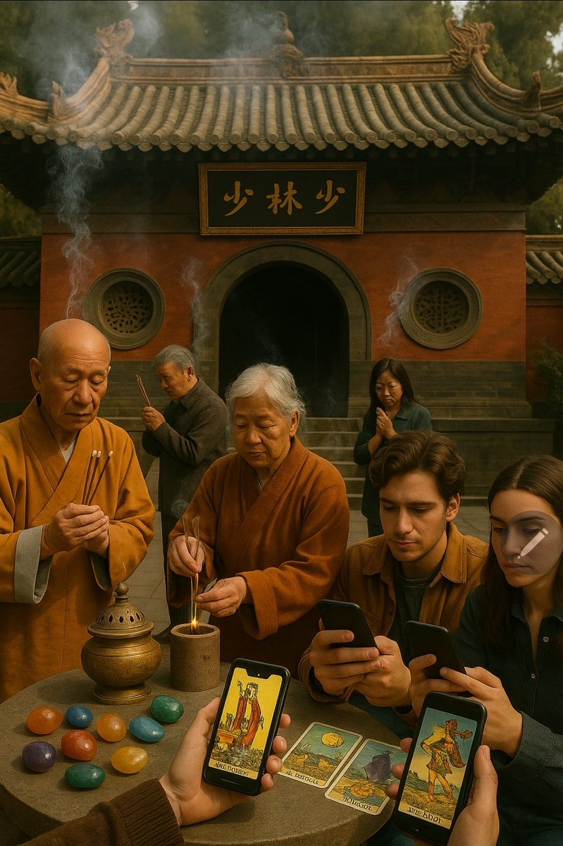 RealKeyPoint's tweet image. 当代中国年轻人的&quot;疗愈经济&quot;热潮，看似是对传统的反叛，实际上是千年文化基因的完美传承——无论是塔罗占卜、水晶疗愈，还是AI算命、东北出马仙，都遵循着同样的功利主义逻辑。而从上一代人在寺庙里虔诚地烧着天价高香，到今天的年轻人在直播间里购买水晶疗愈服务，表面上看似跨越了传统与现代的鸿沟，实…