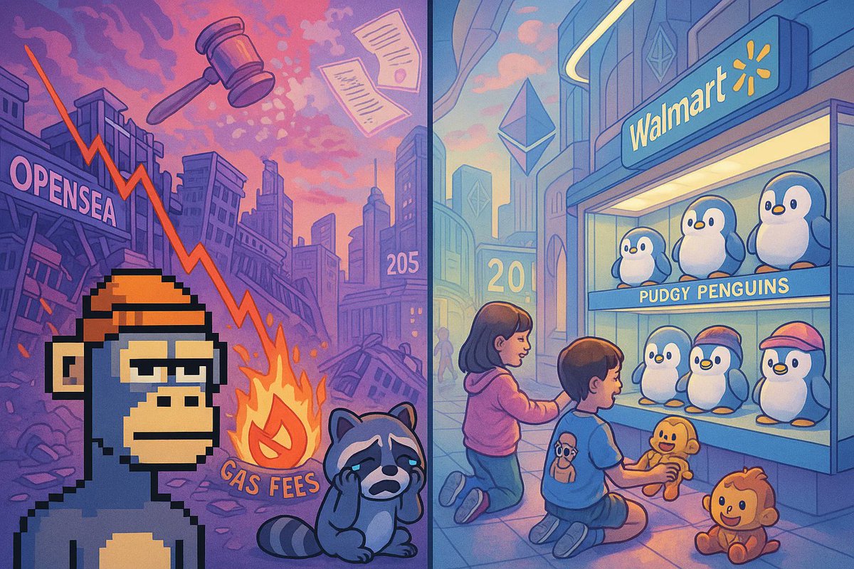 🚨 NFTs didn’t die — the hype did.🚨
From $69M JPEGs to Walmart Penguins…

Here’s the full timeline of how NFTs rose, collapsed, and quietly evolved in 2025:
🧵 Let’s break it down:
#NFTs #Crypto #Web3 #PudgyPenguins

2021 NFTs:
🧠 “This pixelated monkey is worth 150 ETH.”
🤑