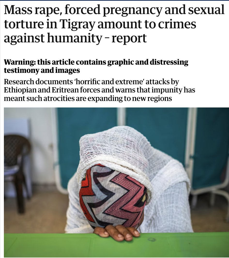 clashreport's tweet photo. Hundreds of health workers in Tigray have documented mass rape, sexual slavery, and torture by Ethiopian and Eritrean soldiers — targeting women and children in what a new report calls crimes against humanity and possible genocide.

The joint report by Physicians for Human Rights and OJAH reviewed over 500 medical records and 600 health worker surveys. 

Survivors ranged from infants to the elderly. 

Doctors described gang rape, foreign objects (like rocks, metal, even notes) forced into women’s bodies, and intentional HIV spread.

“This level of brutality is unlike anything I’ve seen,” said co-author Payal Shah.

Source: The Guardian