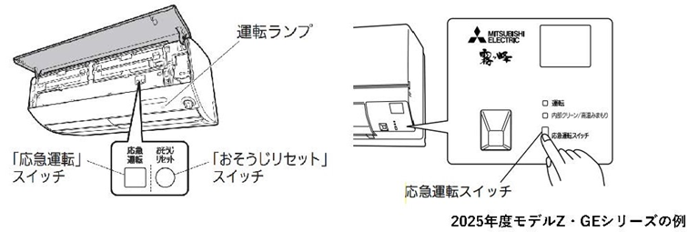 故障や電池切れで急にリモコンが使えなくなったときは、室内機の「応急
