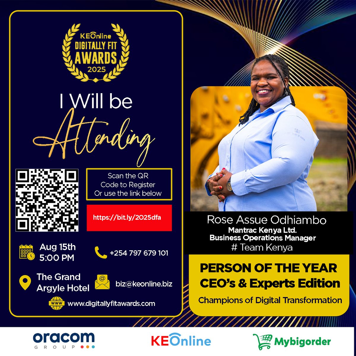 OracomKenya's tweet photo. The countdown begins. Big names  @MantracKenyaLtd  @fabiannails will be attending the #DigitallyFitAwards are you? Let’s connect. Book your slot here  https://t.co/U364IRulLF #Bournemouth #KasaraniRoars #rutodeliverschallenge https://t.co/4iEMucW9Fo