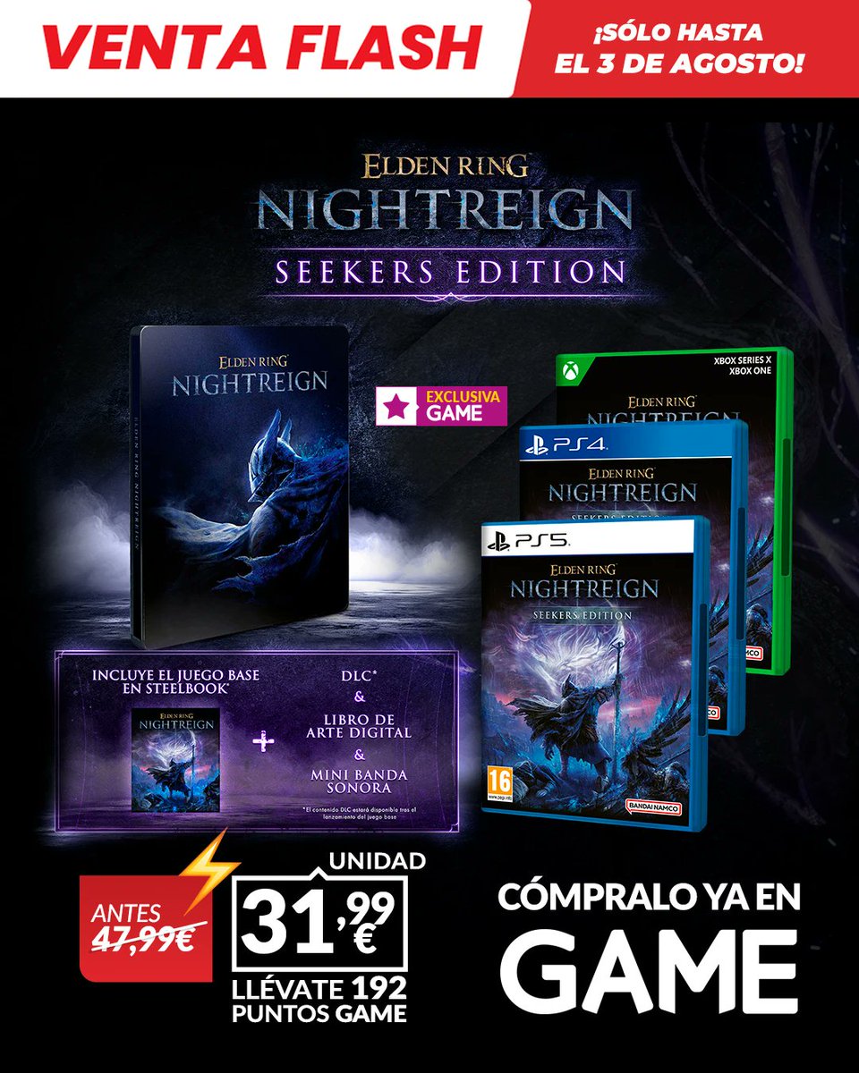 Ahora lo más difícil de este juego va a ser que no te lo pilles. 😍

La Seekers Edition exclusiva de GAME de Elden Ring Nightreign es nuestra #VentaFlash de hoy y la puedes conseguir por solo 31,99€ antes del 3 de agosto. 👇

ow.ly/Igz750Wyqhy
