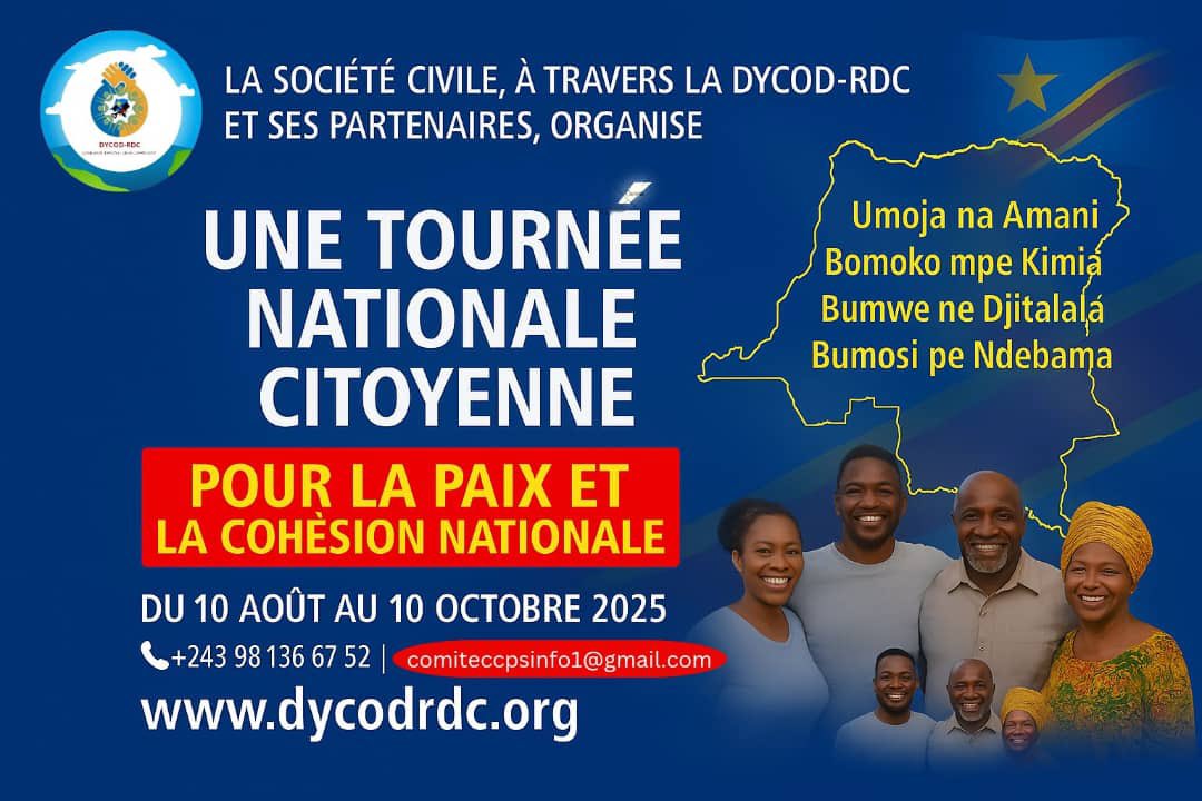 DycodRdc's tweet photo. 🇨🇩🕊️ Du 10 août au 10 oct. 2025, la Tournée Citoyenne menée par DYCOD-RDC traversera les provinces pour écouter, unir et porter la voix du peuple. Une démarche 100 % citoyenne pour la paix, la vérité et la dignité.
#TournéeCitoyenne #Paix #RDC #VoixDuPeuple https://t.co/xOvMmoS9z1