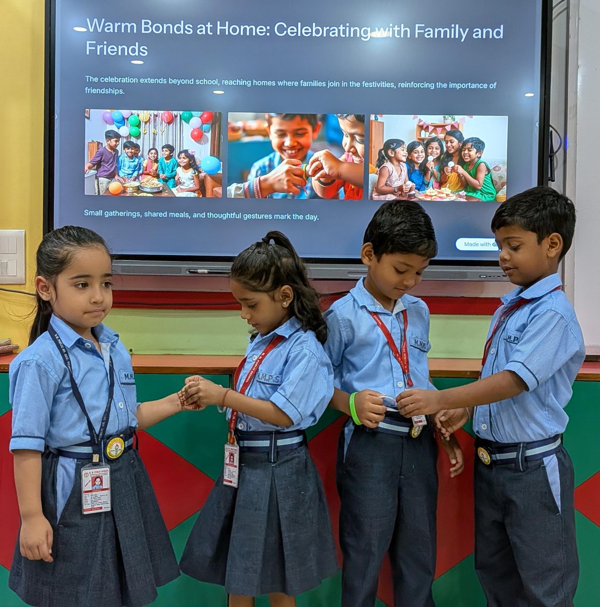 MMPublicschool1's tweet image. Friendship Day Celebration
A special assembly was held for Pre-Primary students to celebrate Friendship Day. Children exchanged friendship bands and handmade cards, expressing love and care for their friends. #cardsandbands #MMPUBLICSCHOOL #FunFilledDay