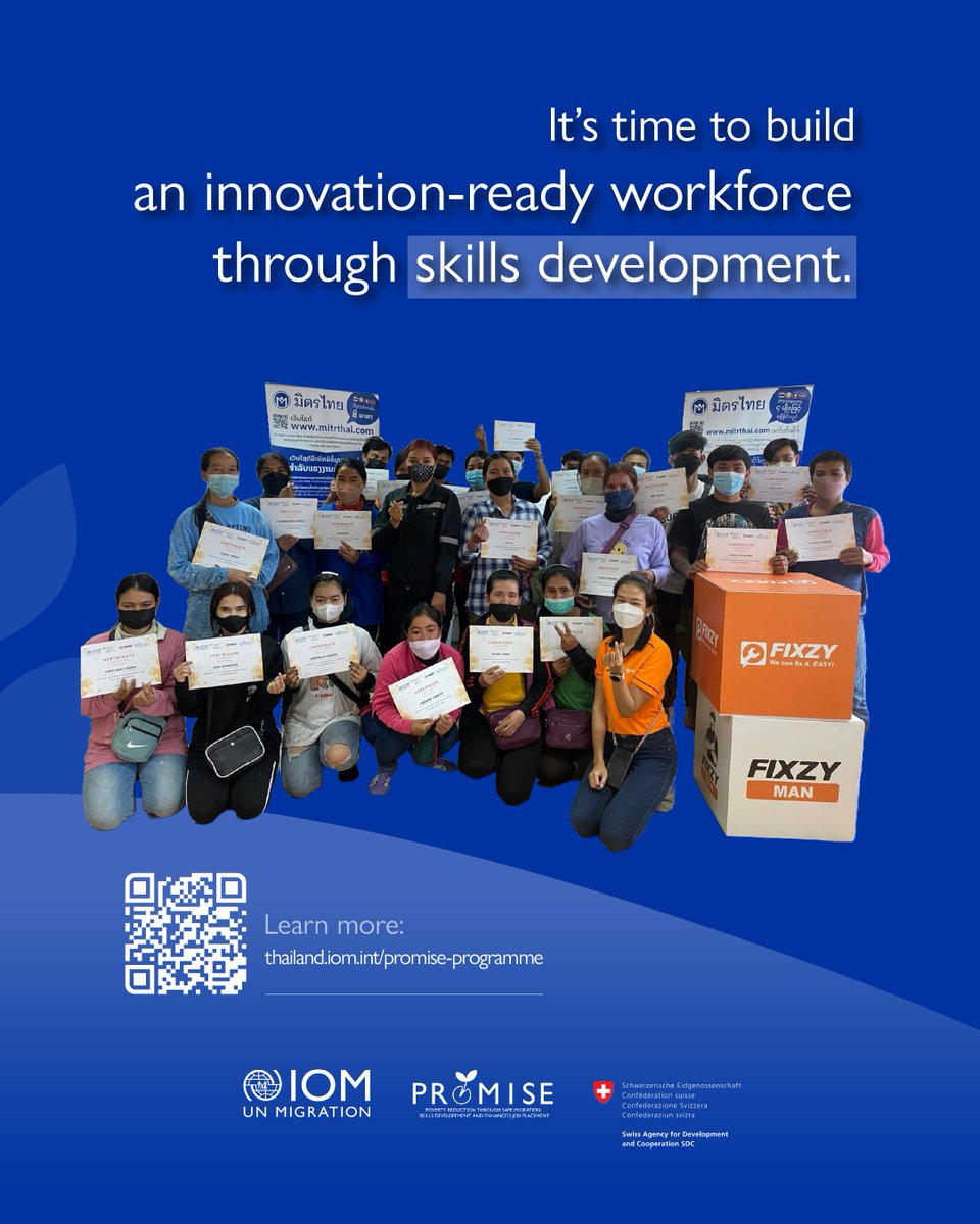 IOMThailand's tweet image. Migrant workers drive business growth, but skill mismatches hold them back.

🇹🇭&apos;s economy is gearing toward an innovation-oriented approach, and migrants can make great contributions. As an employer, are you ready to bridge this gap?

#IOMPROMISE #SkillsForAll