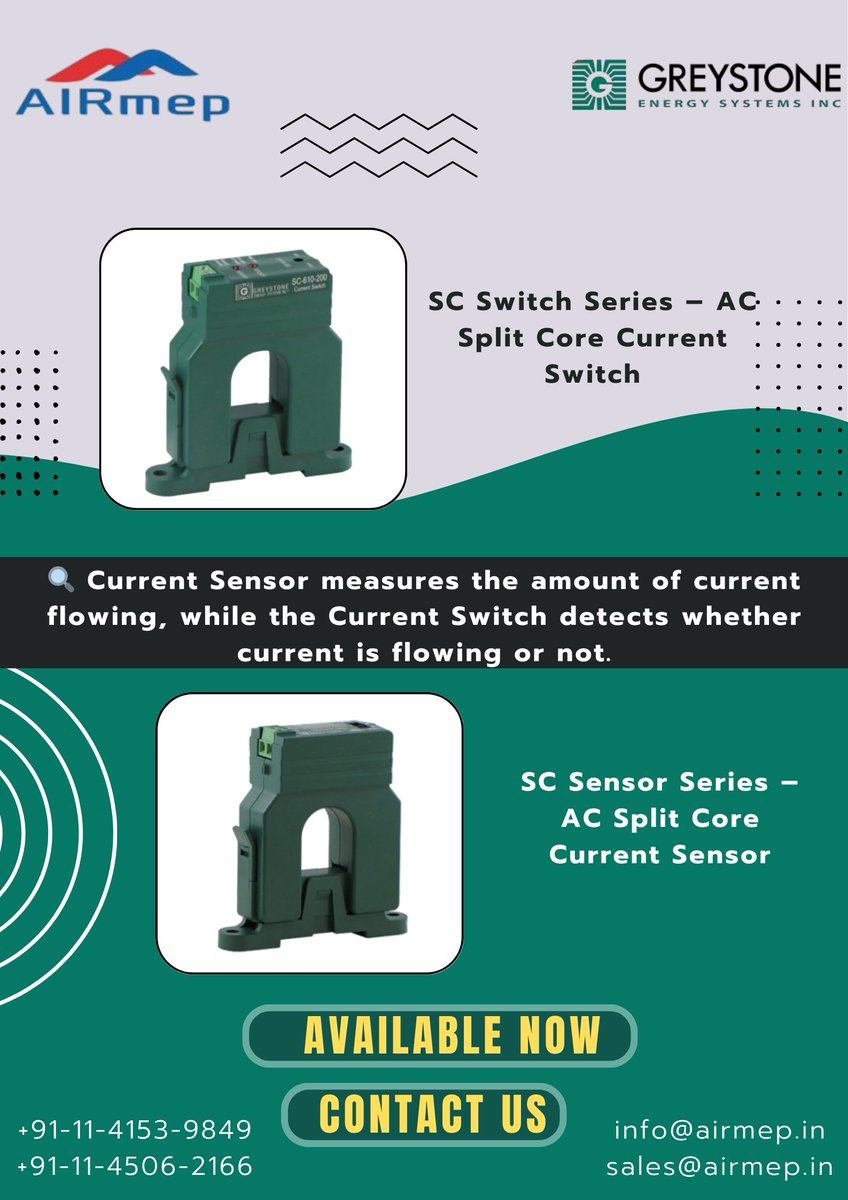 AirmepSalesCorp's tweet image. Monitor or detect—know the difference!
🔹 SC Sensor Series = Measures current
🔹 SC Switch Series = Detects current flow
Available now at Airmep Sales Corp.
#Greystone #HVACSolutions #CurrentSensor #CurrentSwitch #PowerMonitoring #Automation #SmartHVAC