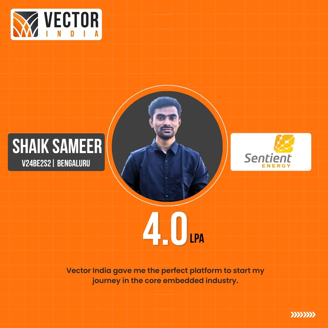 Vector_India's tweet image. Proud to share Shaik Sameer’s success story! Placed at Sentient Energy with a 4.0 LPA package. Thanks to Vector India’s expert training in #CProgramming, #EmbeddedC, #Linux & #ARMArchitecture, he’s now ready to take on the core embedded industry.
