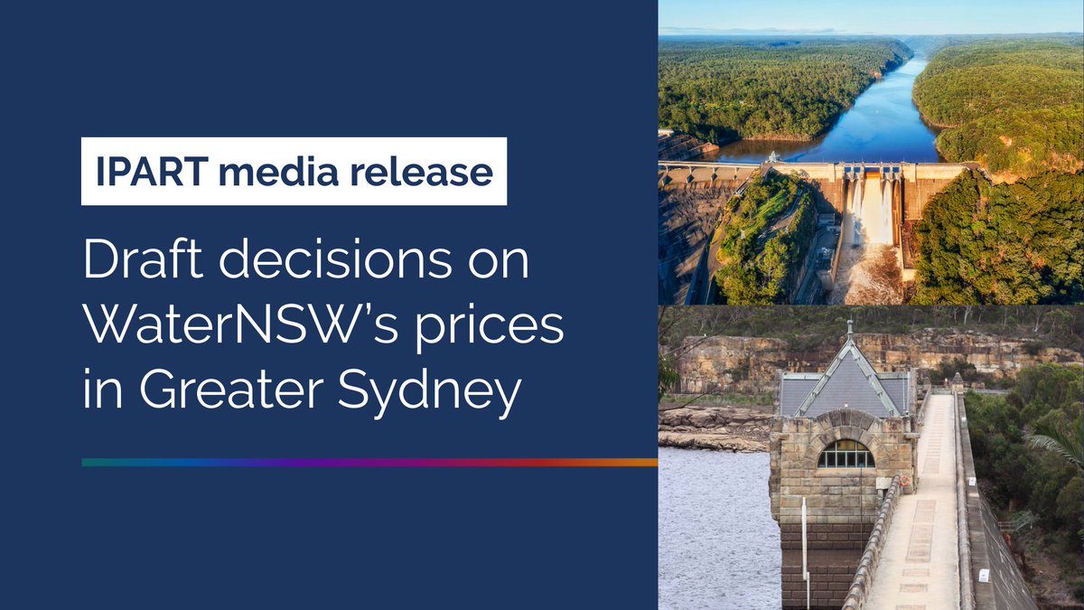 IPARTNSW's tweet image. IPART has released draft prices for WaterNSW bulk water services in the Greater Sydney region, from 1 October 2025 to 30 June 2028. 

Read more: ipart.nsw.gov.au/sites/default/…

#WaterPrices #GreaterSydney #BulkWater #HaveYourSay #IPART #NSWWater