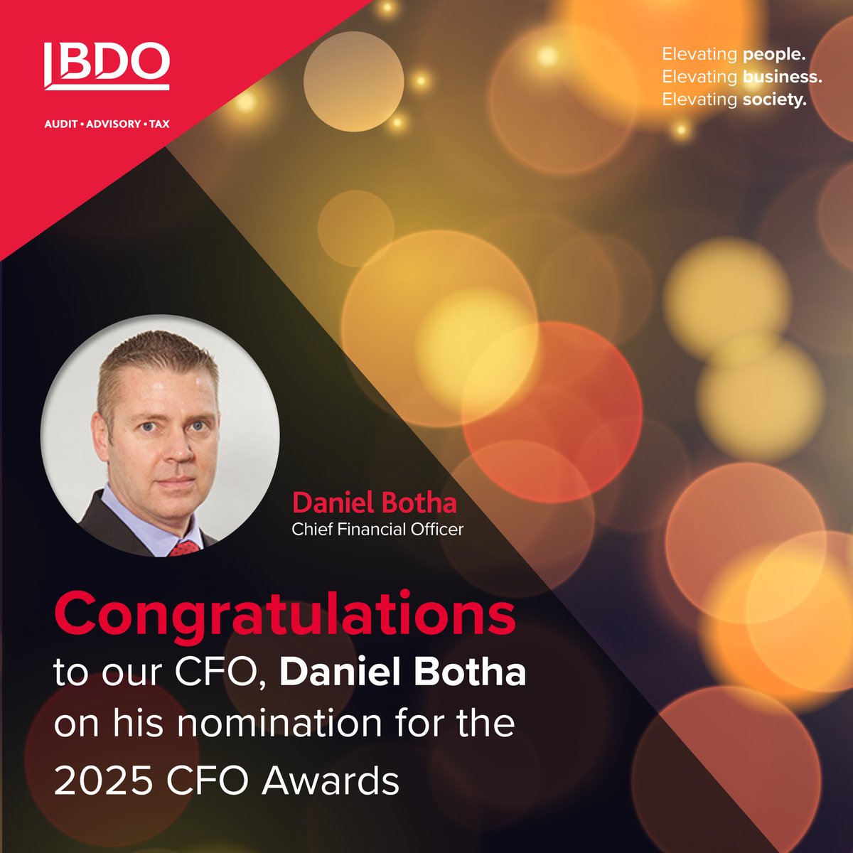 Congratulations to our Chief Financial Officer, Daniel Botha, for his nomination in the upcoming 2025 CFO Awards.

We are proud of him as he continues to elevate the BDO brand as well as people, business and society as a leader in the business.

Read more: cfo.co.za/articles/danie…