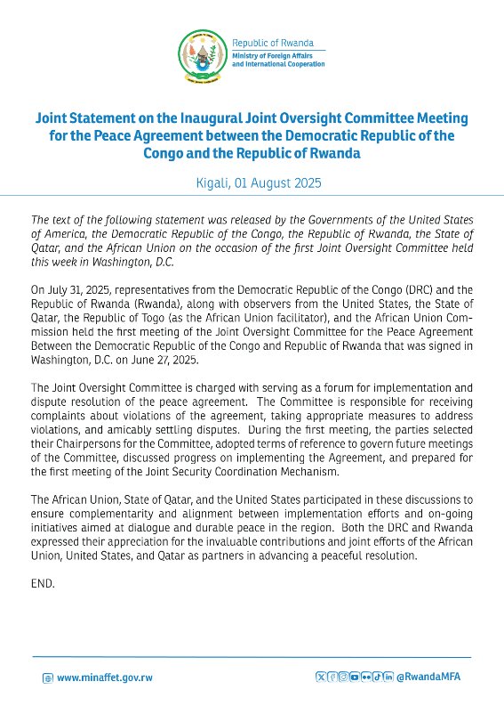 Joint Statement on the Inaugural Joint Oversight Committee Meeting for the Peace Agreement between the Democratic Republic of the Congo and the Republic of Rwanda.

Read more: minaffet.gov.rw/updates/news-d…