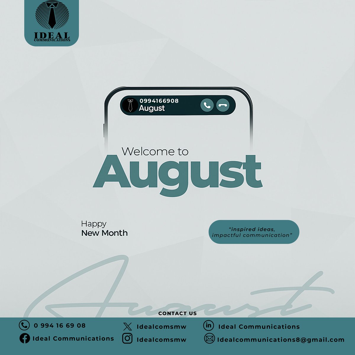 idealcomsmw's tweet photo. Welcome a new month with fresh ideas, bold goals, and impactful communication. 🌟
Happy New Month from all of us at Ideal Communications!
Let’s make August count. 💼💬

#HelloAugust #HappyNewMonth #IdealCommunications #InspiredIdeas #ImpactfulCommunication #AugustVibes #Creative https://t.co/3HTrT3v3AP