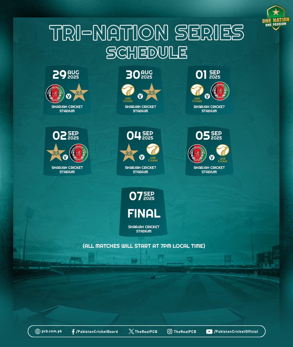 Sharjha to host Tri Nations cricket tournament before Asia cup from 29 August to 7 September