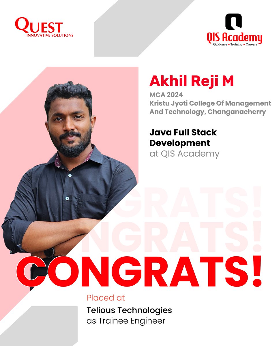 qis_academy's tweet image. Akhil Reji M joins Telious Technologies as a Trainee Engineer!
From MCA to Java Full Stack Pro — trained by QIS Academy.
📞 9567763448
📍 Trivandrum | Cochin | Calicut | Kannur
#QISAcademy #JavaFullStack #TechCareers #PlacementUpdate #KeralaJobs #CareerStart