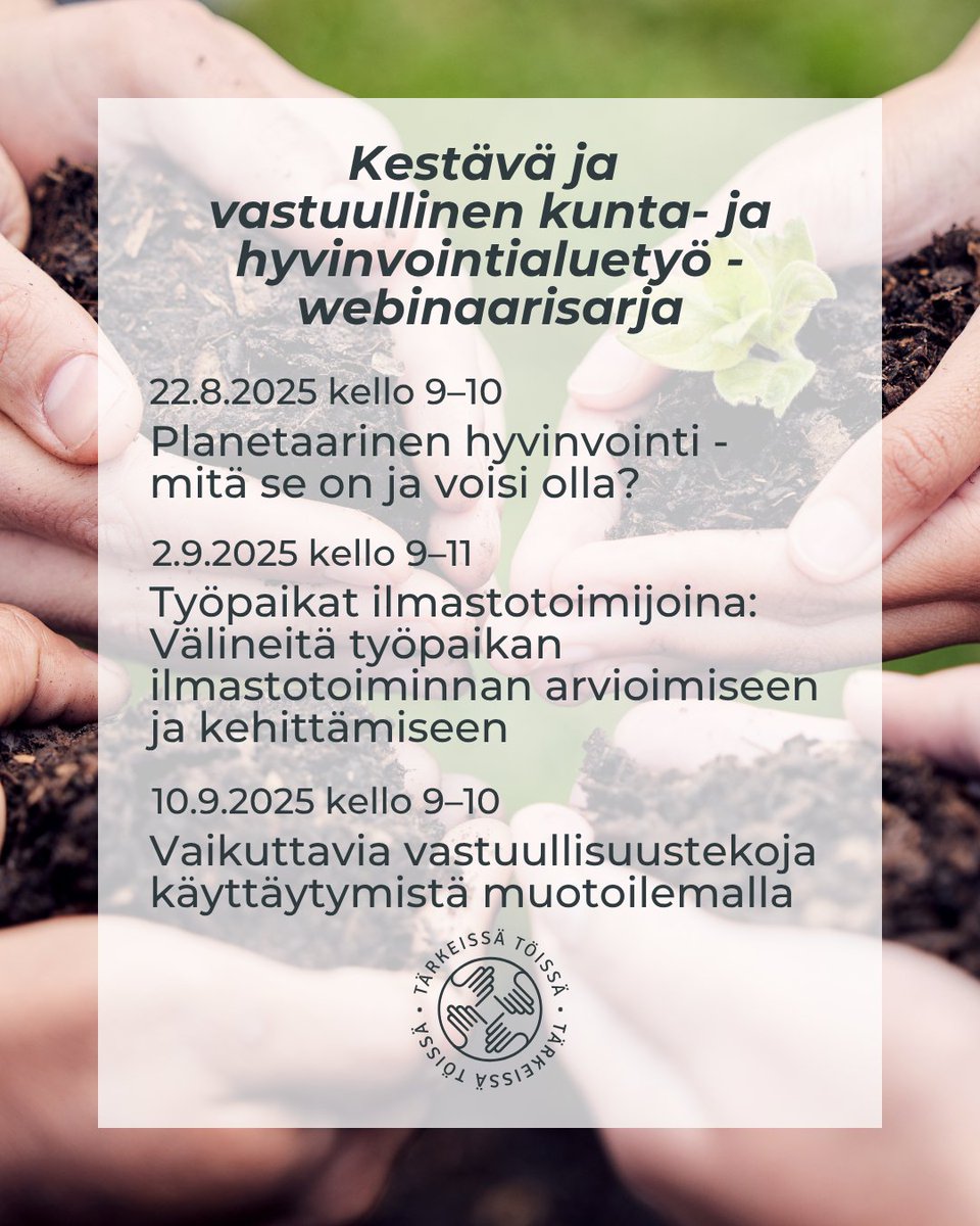 🌾Elokuu tuo tullessaan jatkoa keväällä alkaneeseen Kestävä ja vastuullinen kunta- ja hyvinvointialuetyö -webinaarisarjaan

💡Miten kunta- ja hyvinvointialan työpaikat voivat olla ilmastotoimijoita ja vastuullisuuden edistäjiä?

Syksyn aikana sukelletaan aiheeseen kolmessa