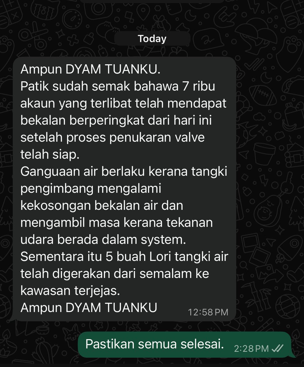 Alhamdulillah issue air di Pontian sudah selesai. Walaubagaimanapun plan jangka masa panjang air Johor sudah dilaksanakan kerajaan negeri dari tahun lepas. Saya akan tetap berusaha untuk memastikan di mana pada masa akan datang, Air Johor dan asset asset negeri harus di urus oleh