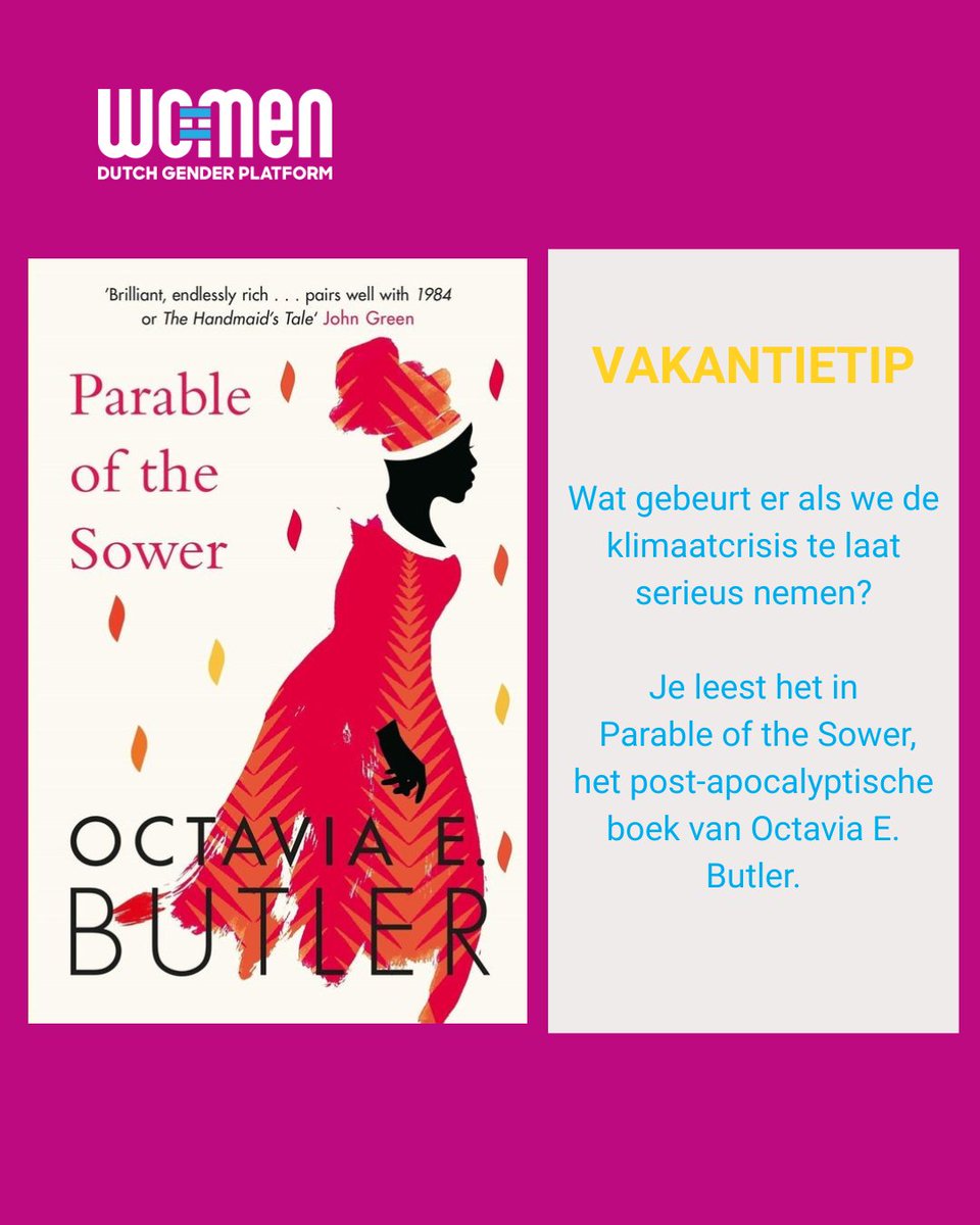 ☀️Vakantietip: Parable of the Sower
Wat gebeurt er als we de klimaatcrisis te laat serieus nemen? ‘Parable of the Sower’ van Octavia E. Butler speelt zich af in een post-apocalyptische aarde die zwaar getroffen is door klimaatverandering en sociale ongelijkheid. #boekentip