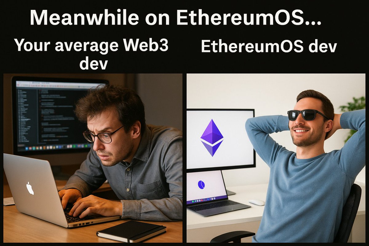 Findmyname12's tweet photo. Regular Web3 devs: “Why won’t this smart contract deploy!?”

@Ethereum_OS  devs: “Done in 2 clicks. Going for coffee ☕️”

Life hits different when your OS speaks solidity.

#EthereumOS #Web3Dev #CryptoMemeReguler https://t.co/f2TpGNxqNo