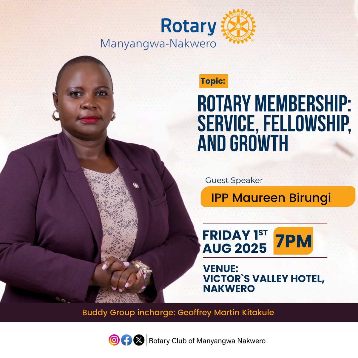 Rotary Club of Manyangwa-Nakwero (@rcmanyangwa) on Twitter photo You're warmly invited to join us for our Weekly Fellowship this Friday.
๐๏ธ August 1, 2025| ๐ 7 p.m.
๐Victors Valley Hotel
๐๏ธ Topic: Rotary Membership
๐ค Guest Speaker: IPP Maureen Birungi
Join Zoom Meeting
us06web.zoom.us/j/85423052600?โฆ
Meeting ID: 854 2305 2600
Passcode: 471456 You're warmly invited to join us for our Weekly Fellowship this Friday.
๐๏ธ August 1, 2025| ๐ 7 p.m.
๐Victors Valley Hotel
๐๏ธ Topic: Rotary Membership
๐ค Guest Speaker: IPP Maureen Birungi
Join Zoom Meeting
us06web.zoom.us/j/85423052600?โฆ
Meeting ID: 854 2305 2600
Passcode: 471456