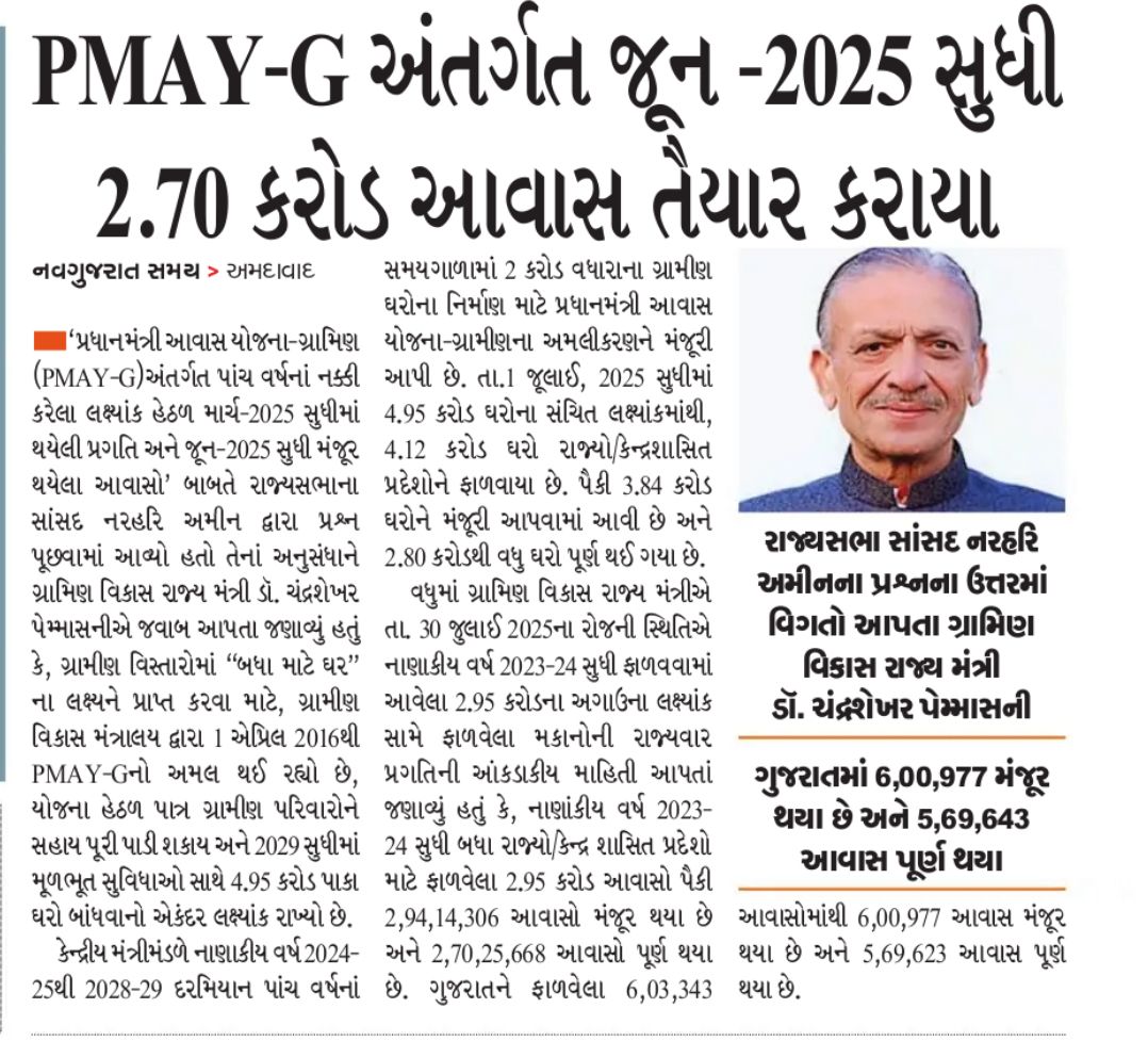 છેવાડાના માનવીના ઘરના ઘરનું સપનું થઇ રહ્યું છે સાકાર 

પ્રધાનમંત્રી આવાસ યોજના-ગ્રામીણ અંતર્ગત જૂન 2025 સુધીમાં 2.70 કરોડ આવાસ બનાવવામાં આવ્યા