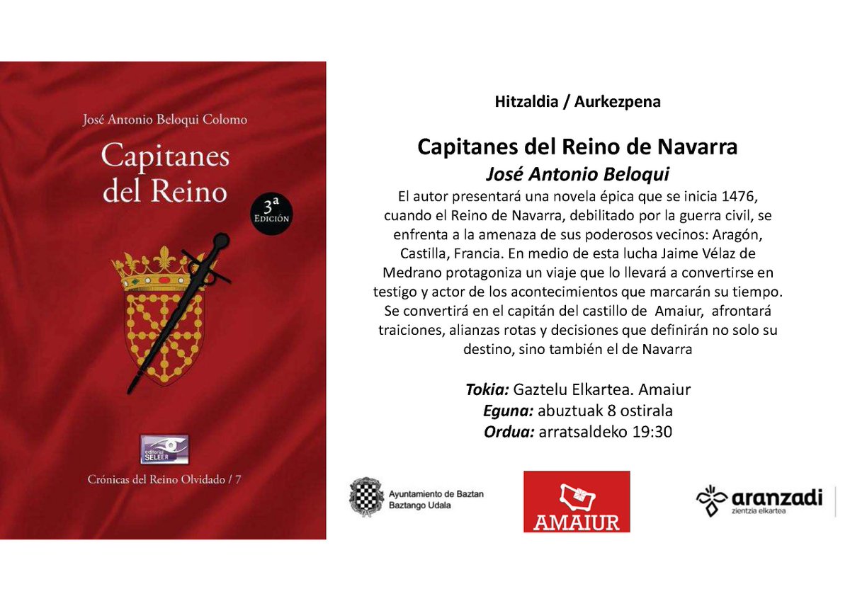 Interrumpo mi descanso estival de bolos, con una nueva presentación de #CapitanesDelReino organizada por <a href="/aranzadi/">Aranzadi</a>. 😀😀😀

El acto tendrá lugar en Gastelu Elkartea (Amaiur), el próximo viernes 8 de agosto, a las 19:30.

¡Os espero! ⚔️⚔️

PD: No sabéis la ilusión que me hace