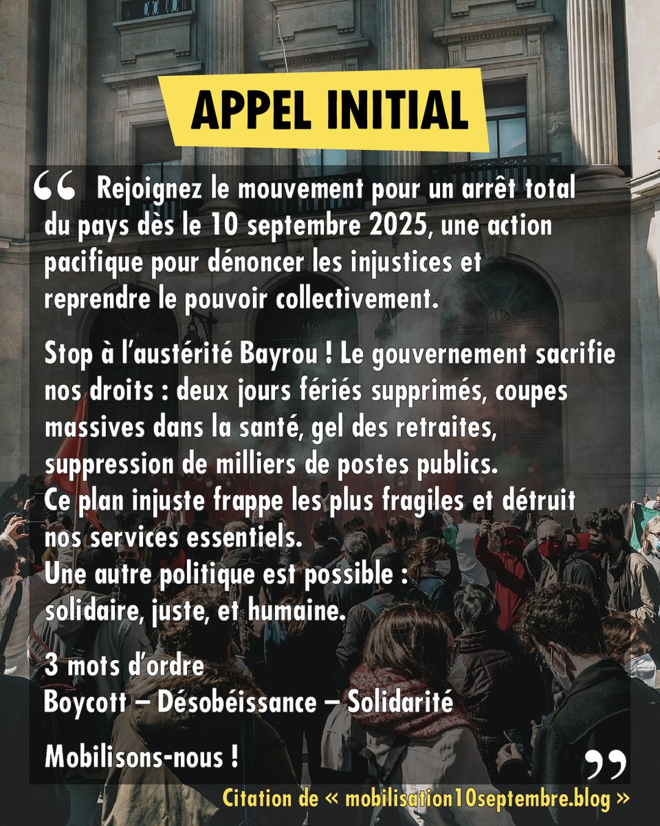 📢10 septembre : Un grand mouvement se prépare pour une rentrée sociale explosive !
Beaucoup de personnes et de sensibilités se retrouvent autour du #10Septembre ; et dans la mesure, où une mobilisation ça se construit collectivement, nous t'invitons à t'emparer du sujet 😌
[1/2]