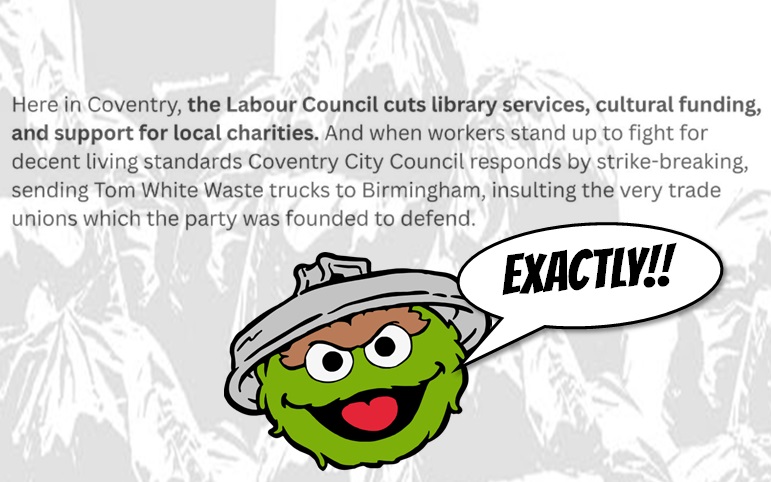 Cllr Grace Lewis in Coventry has left <a href="/UKLabour/">The Labour Party</a> to sit as an independent. 

Among the many criticisms she makes is the strike-breaking assistance that Labour-led <a href="/coventrycc/">Coventry City Council</a> is providing to Labour-led <a href="/BhamCityCouncil/">Bham City Council</a> using its wholly-owned arms-length waste company