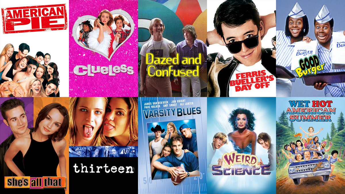 American Pie
Clueless
Dazed and Confused
Ferris Bueller’s Day Off
Good Burger
She’s All That
thirteen
Varsity Blues
Weird Science
Wet Hot American Summer

High school cinematic excellence is now streaming 👉 netflix.com/browse/genre/8…