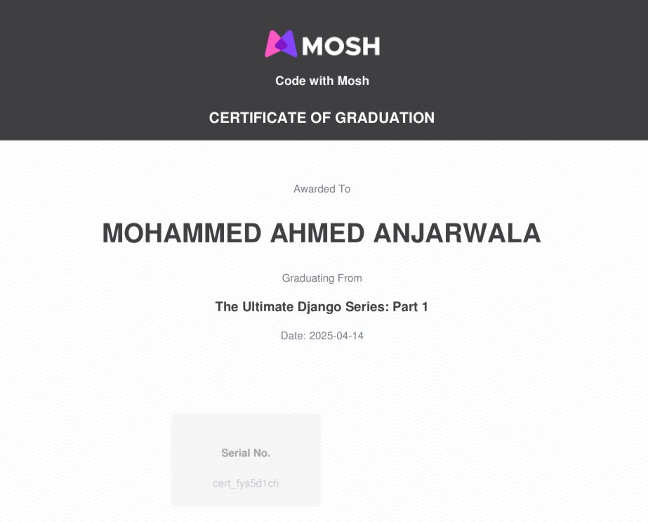 CodeRipperKing6's tweet image. Just wrapped up all 3 parts of The Ultimate Django Series by @moshhamedani 🎓💻
From routing to real-world backend builds — I’m coming for those full-stack dreams! 🚀

#Django #Python #WebDev #CodeWithMosh #DevJourney #BackendDeveloper #100DaysOfCode #BuildInPublic #TechTwitter