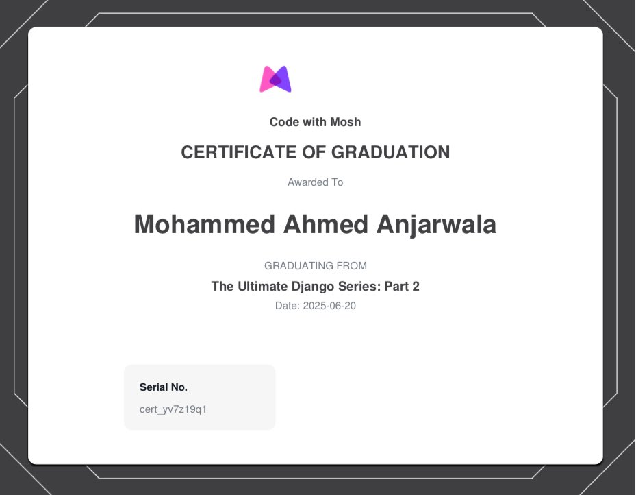 CodeRipperKing6's tweet image. Just wrapped up all 3 parts of The Ultimate Django Series by @moshhamedani 🎓💻
From routing to real-world backend builds — I’m coming for those full-stack dreams! 🚀

#Django #Python #WebDev #CodeWithMosh #DevJourney #BackendDeveloper #100DaysOfCode #BuildInPublic #TechTwitter