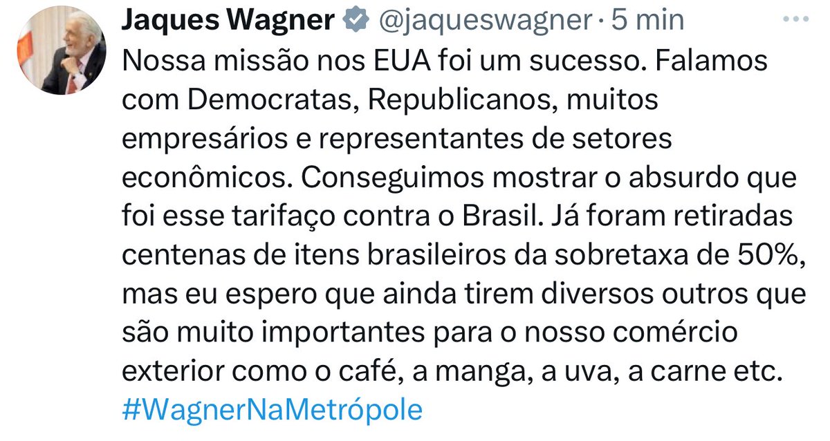 Mario Bohm (@mcbohm) on Twitter photo Deixe de ser mentiroso <a href="/jaqueswagner/">Jaques Wagner</a> e tentar induzir os outros a acreditarem que vocês fizeram algo!
Vocês não se encontraram com ninguém do governo americano e não negociaram nada! Nada! As exceções atendem a interesses americanos e por eles foram definidas.
Você é muito Deixe de ser mentiroso <a href="/jaqueswagner/">Jaques Wagner</a> e tentar induzir os outros a acreditarem que vocês fizeram algo!
Vocês não se encontraram com ninguém do governo americano e não negociaram nada! Nada! As exceções atendem a interesses americanos e por eles foram definidas.
Você é muito