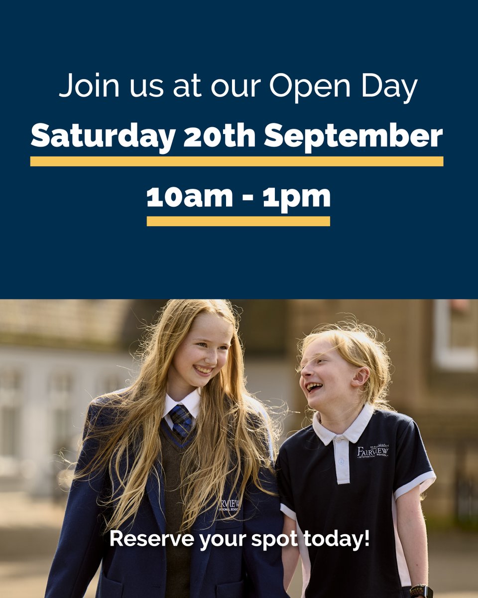 Join us at our next Fairview Open Day!

Taking place on Saturday the 20th of September between 10am-1pm, you will:

🌟Go on a tour of our campus
🌟 Meet both Headteacher and Deputy Headteacher
🌟Learn more about the International Baccalaureate curriculum
🌟Meet staff and students