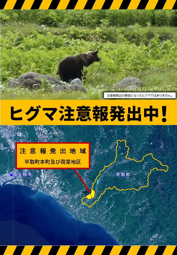 ⚠️#ヒグマ注意報 発出】 #平取町 の一部地域でヒグマの目撃や痕跡