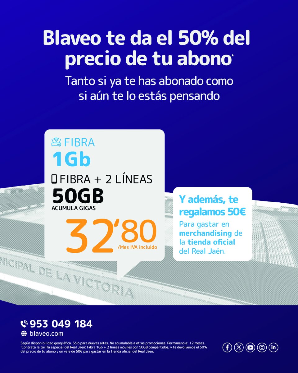 🤝⚽ Blaveo renueva su compromiso con el <a href="/RealJaenCF/">Real Jaén C.F.</a>  en este apasionante camino en 2ª RFEF.

📡 Llevamos más de 10 años conectando hogares en toda la provincia de Jaén, y también conectamos con la pasión de nuestra tierra y su equipo.