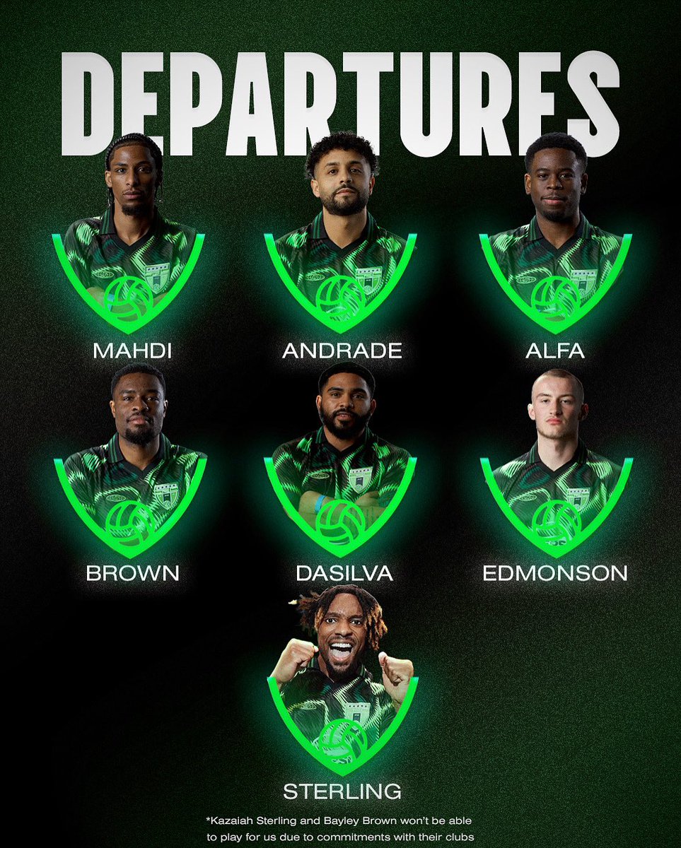SDS FC DEPARTURES 

Thank you to Hussein Mahdi, Bruno Andrade, Ody Alfa, Bayley Brown, Cole Dasilva, Tyler Edmonson &amp; Kazaiah Sterling for being a part of SDS FC’s wonderful journey in season 1 and we wish them all the best! 🫶💚

Always Green. Always Champions. 🏆